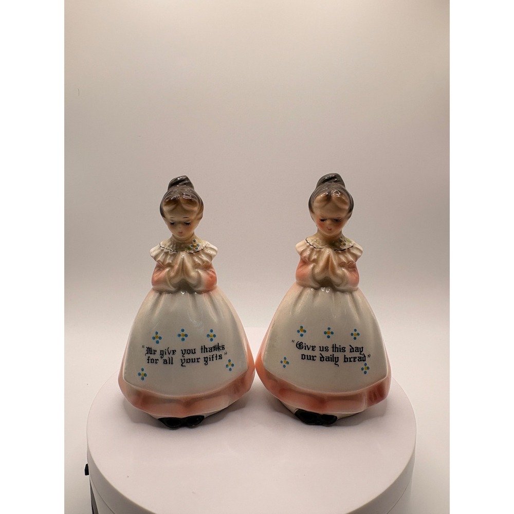 Vintage Ceramic Praying Girls Salt and Pepper Shakers Pink Dress Religious Set